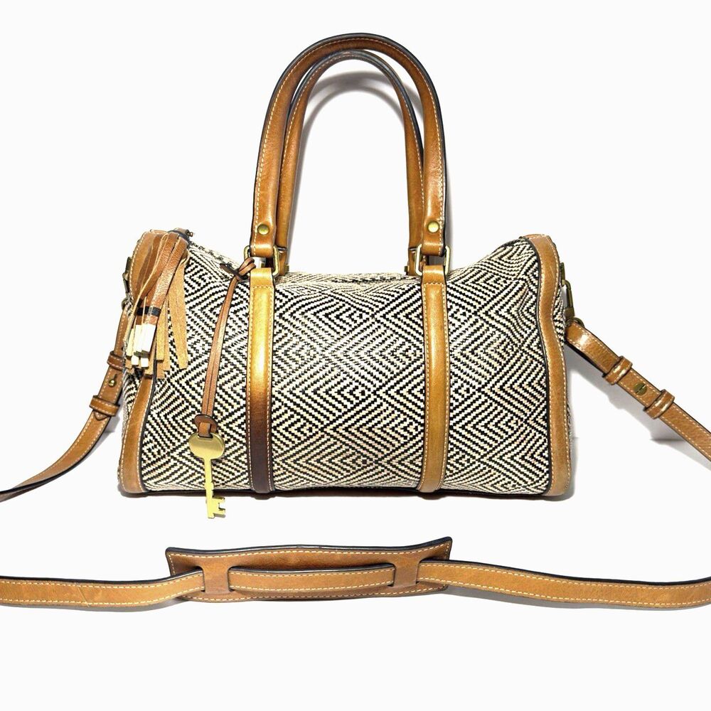 Fossil Brown Tan Geometric Woven Satchel Crossbody Bag Leather Trim EUC 12x8 in